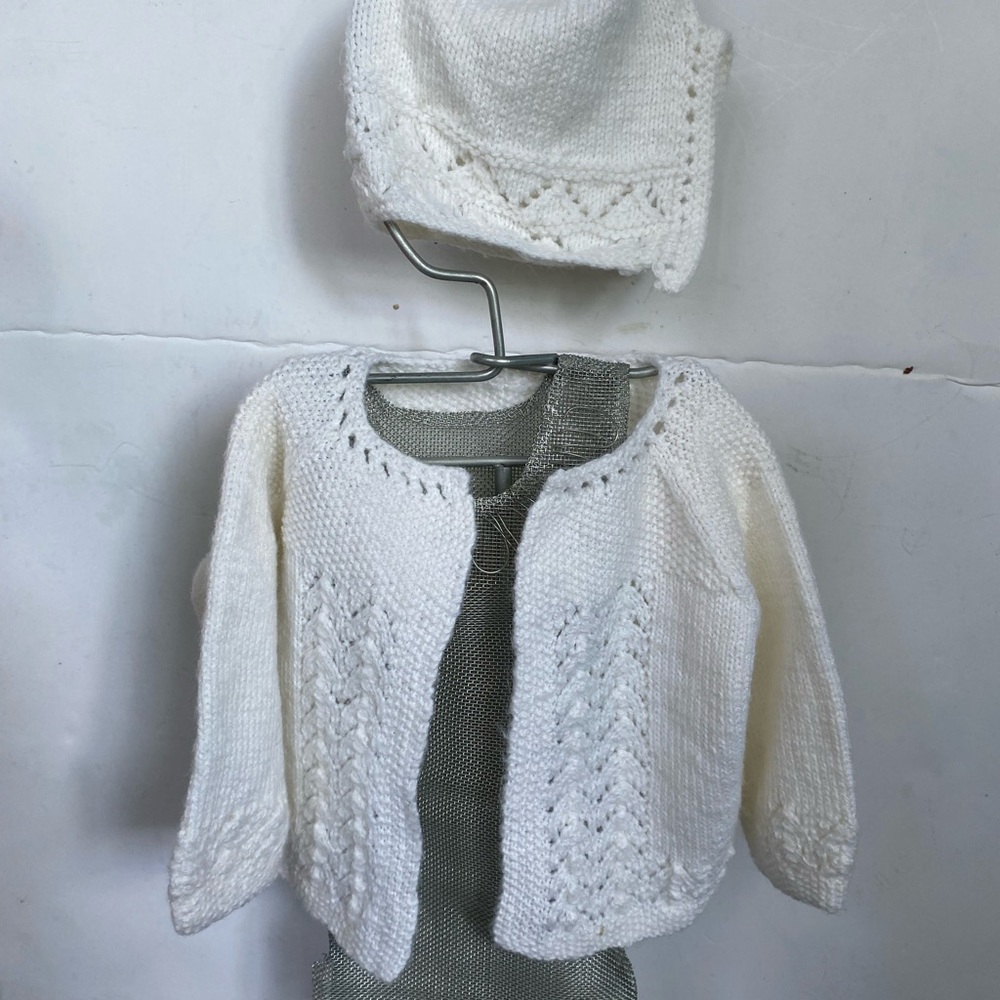 White Knit Baby Cardigan and Hat Set